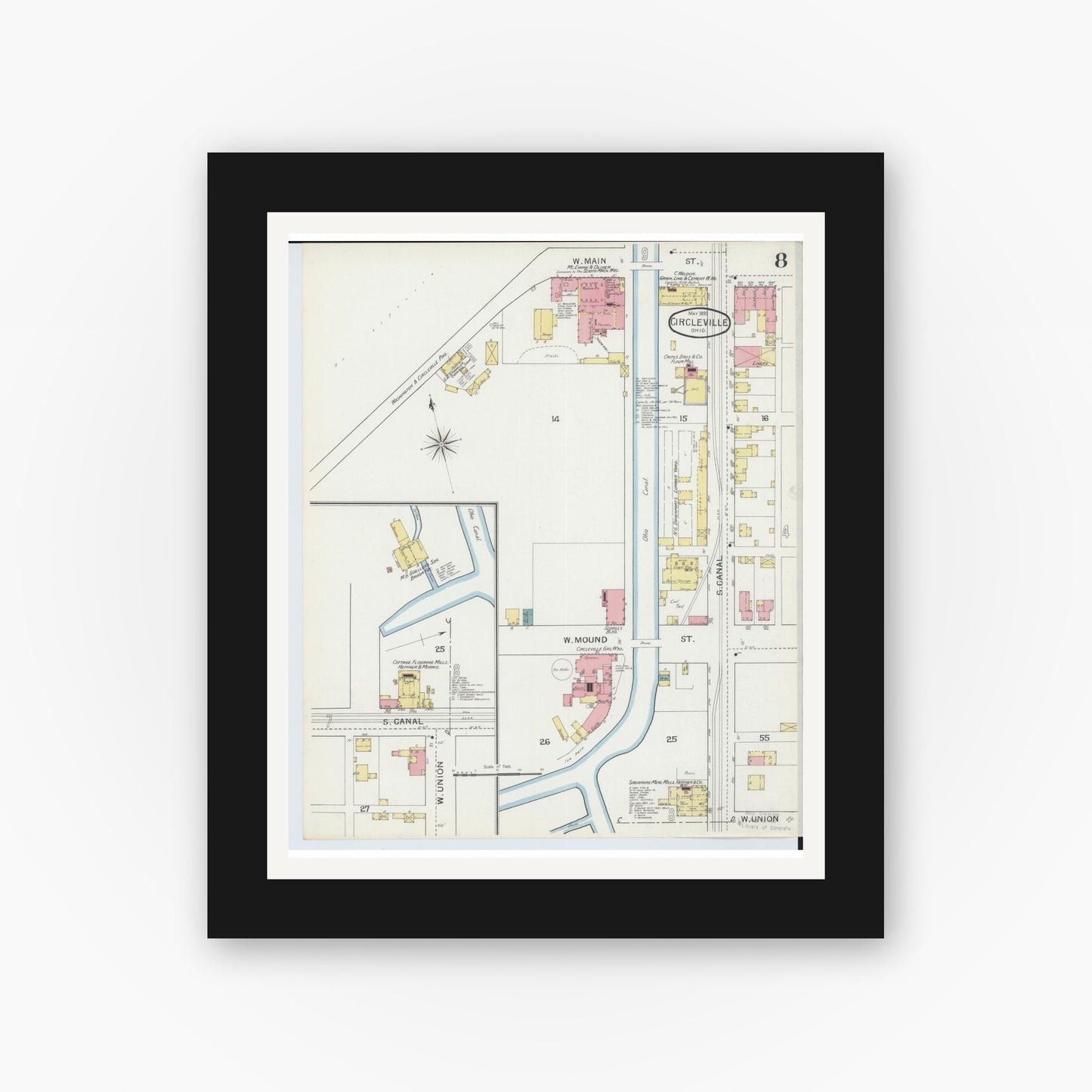 Old map wall art mockup — black gallery frame with white mat — Sanborn Fire Insurance Map from Circleville, Pickaway County, Ohio (1893), Sheet #0008