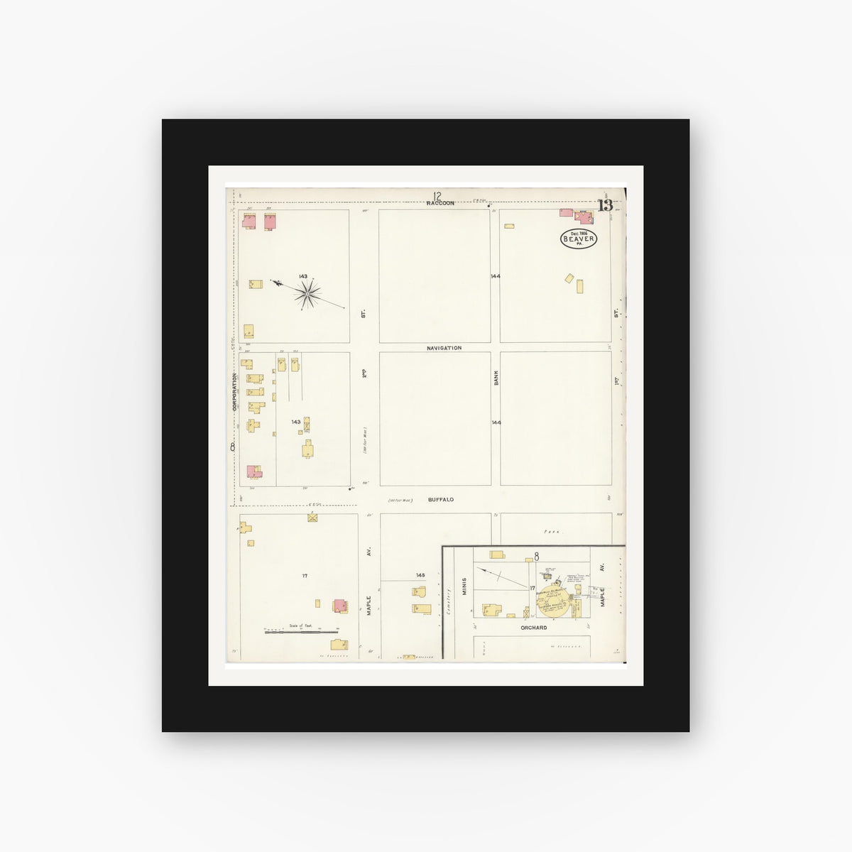 Old map wall art mockup — black gallery frame with white mat — Sanborn Fire Insurance Map from Beaver, Beaver County, Pennsylvania (1906), Sheet #0013