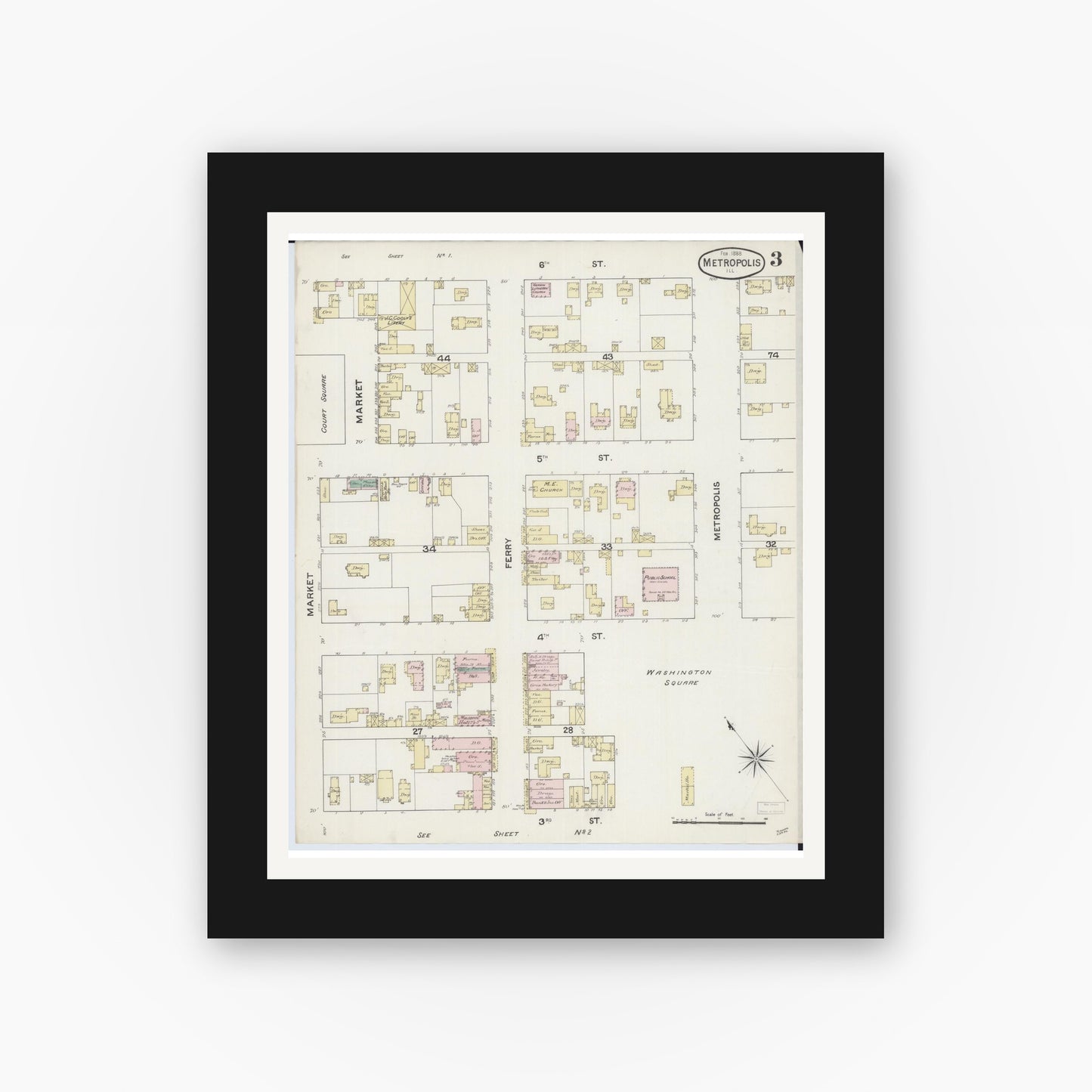 Old map wall art mockup — black gallery frame with white mat — Sanborn Fire Insurance Map from Metropolis, Massac County, Illinois (1888), Sheet #0003