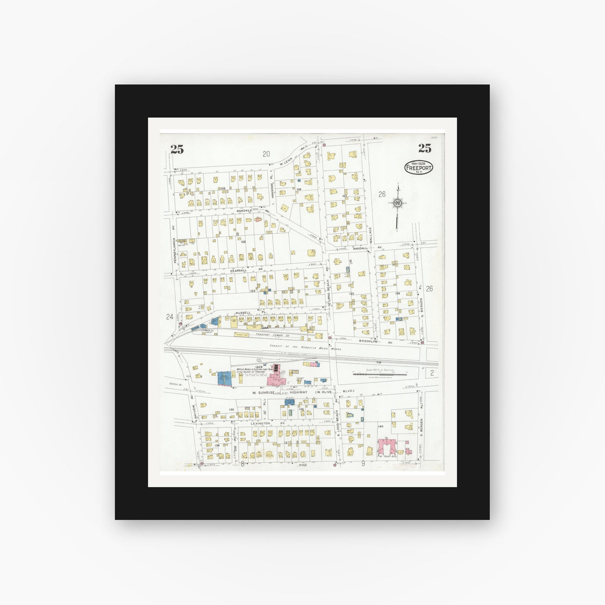 Old map wall art mockup — black gallery frame with white mat — Sanborn Fire Insurance Map from Freeport, Nassau County, New York (1928), Sheet #0025