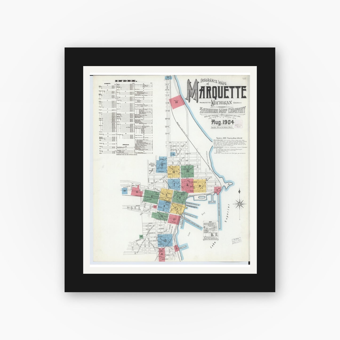 Old map wall art mockup — black gallery frame with white mat — Sanborn Fire Insurance Map from Marquette, Marquette County, Michigan (1904) - Complete Map Set