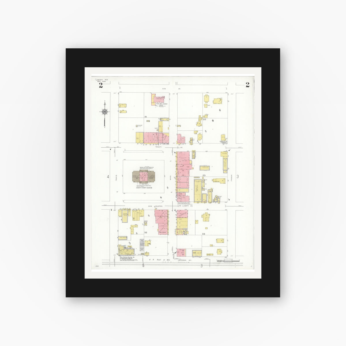 Old map wall art mockup — black gallery frame with white mat — Sanborn Fire Insurance Map from Liberty, Liberty County, Texas (1938), Sheet #0002