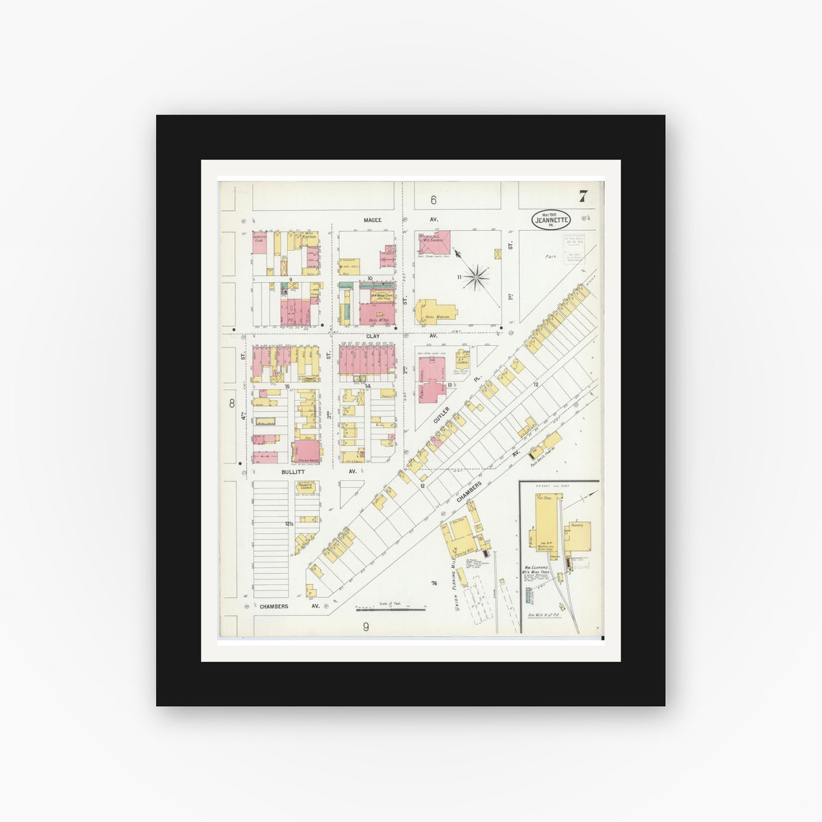 Old map wall art mockup — black gallery frame with white mat — Sanborn Fire Insurance Map from Jeannette, Westmoreland County, Pennsylvania (1900), Sheet #0007