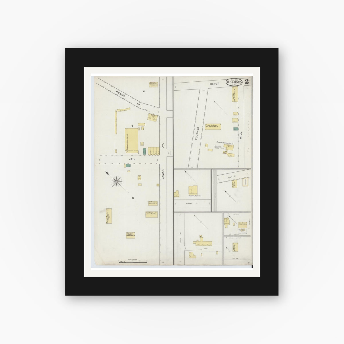 Old map wall art mockup — black gallery frame with white mat — Sanborn Fire Insurance Map from Roxboro, Person County, North Carolina (1894), Sheet #0002