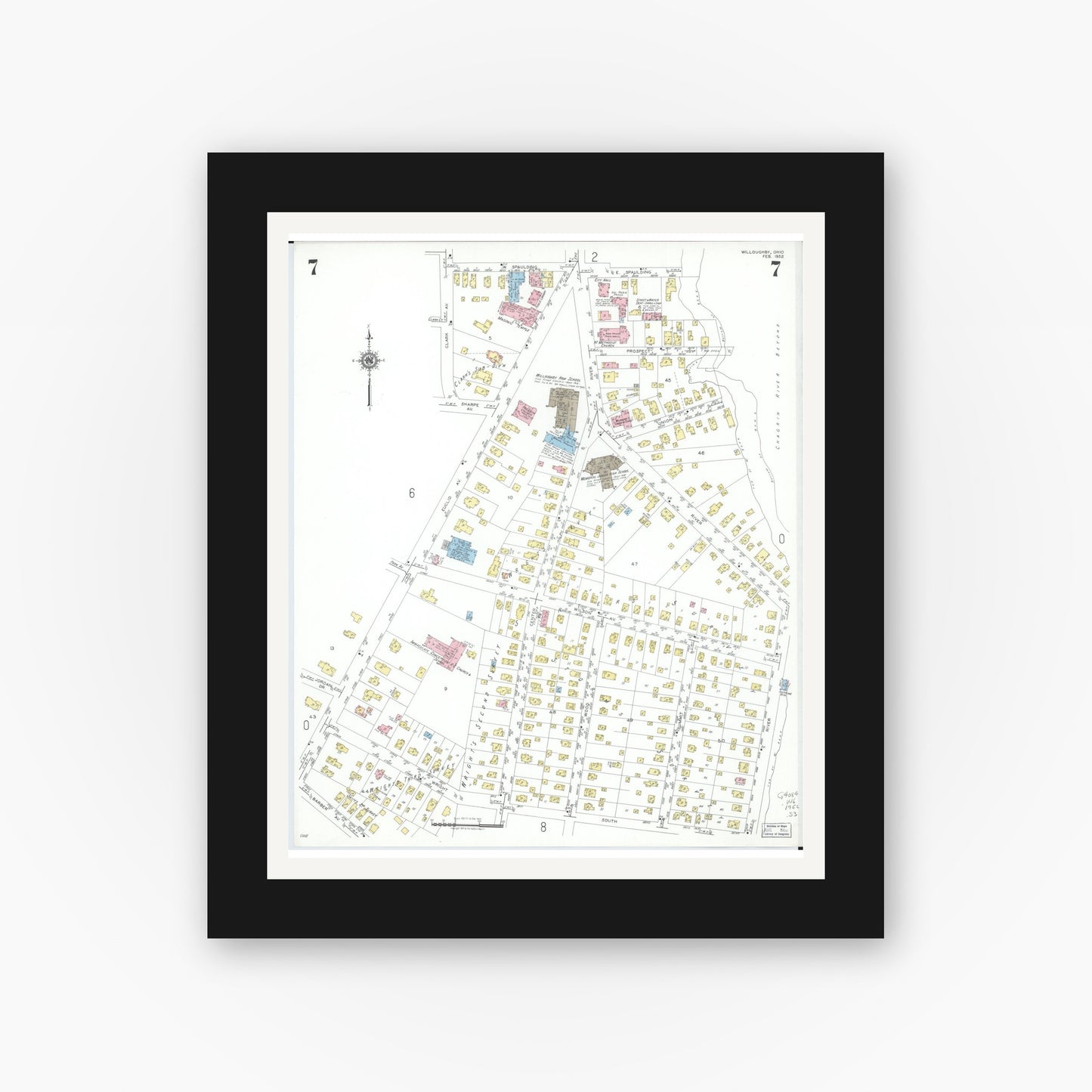 Old map wall art mockup — black gallery frame with white mat — Sanborn Fire Insurance Map from Willoughby, Lake County, Ohio (1952), Sheet #0007