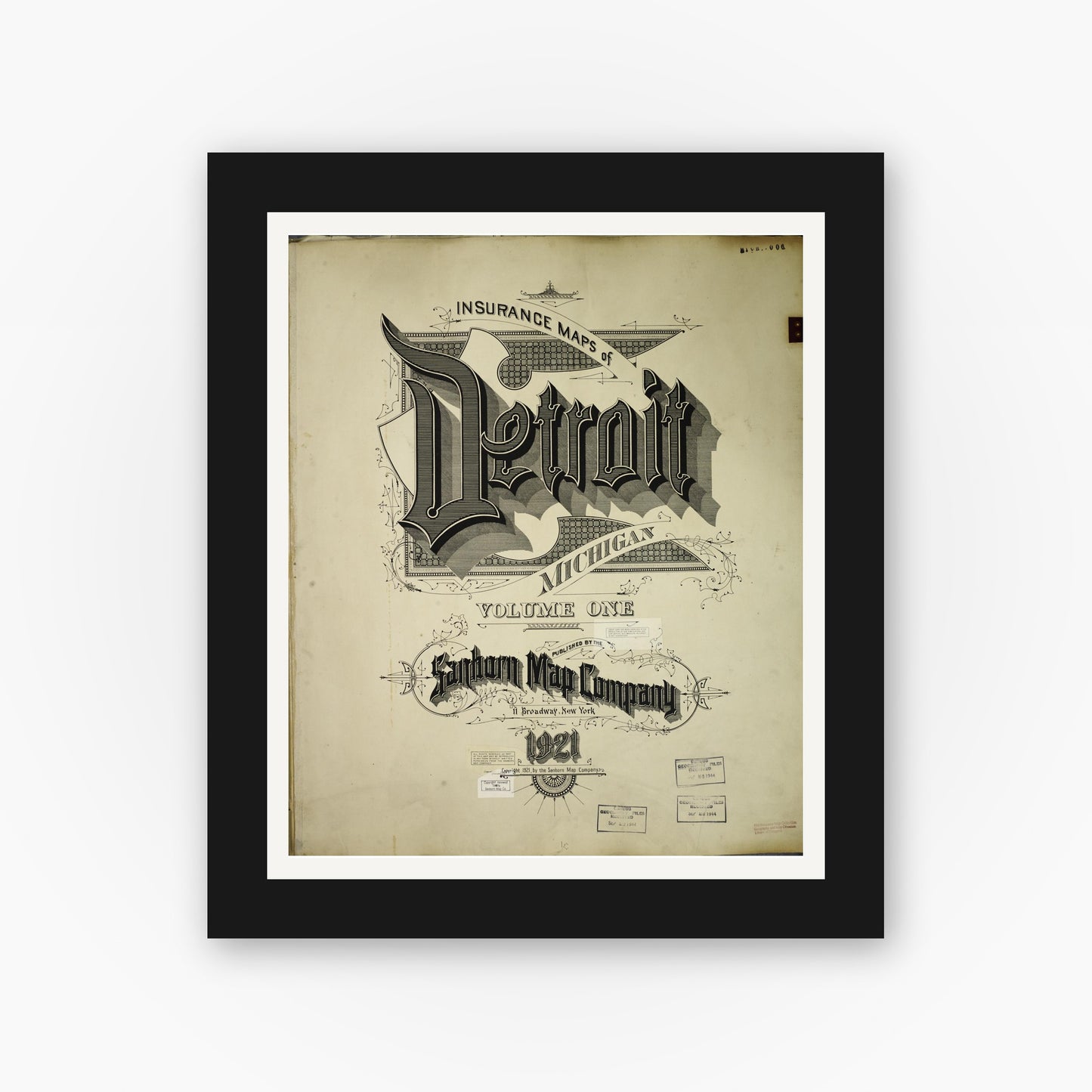 Old map wall art mockup — black gallery frame with white mat — Sanborn Fire Insurance Map from Detroit, Wayne County, Michigan (1950), Sheet #0001