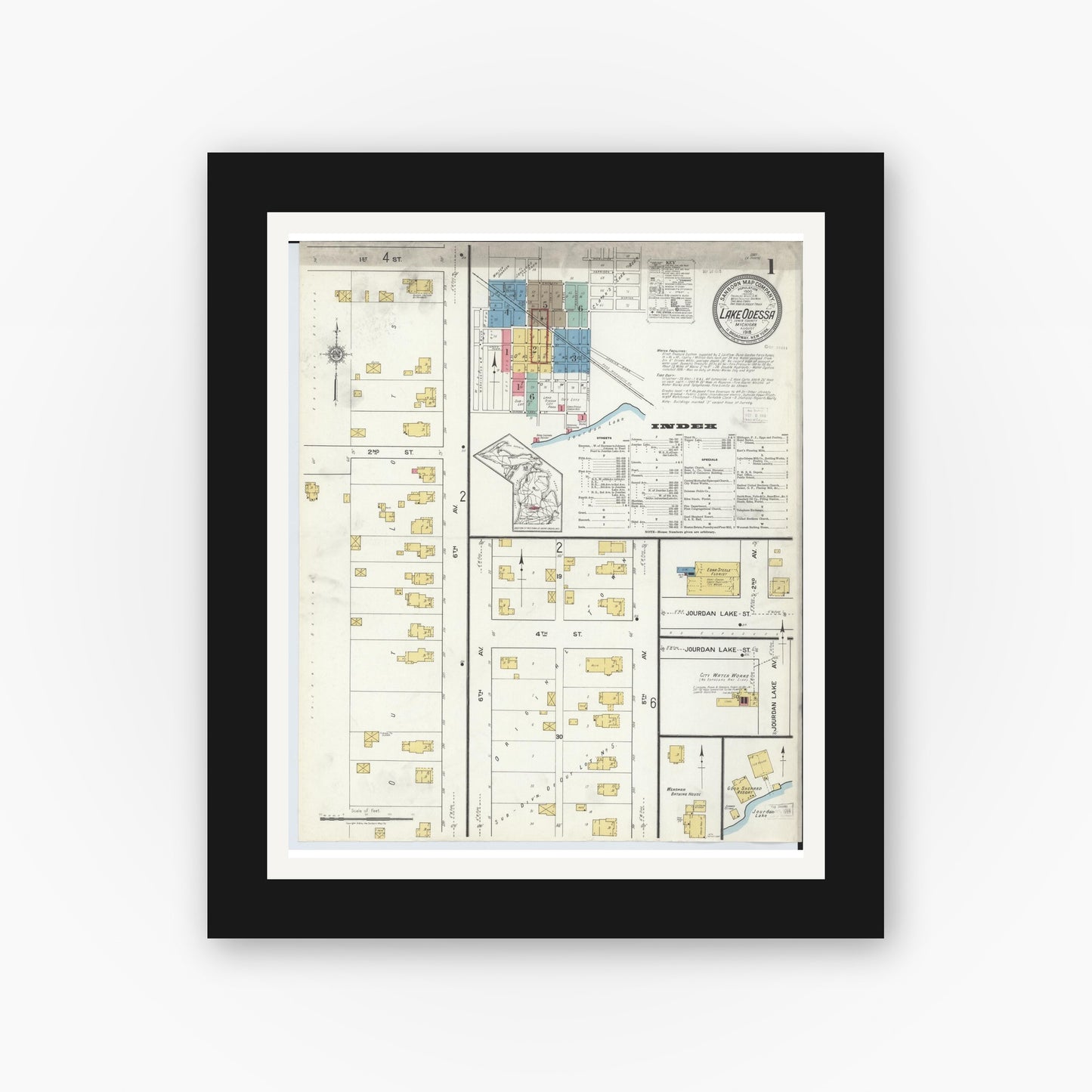 Old map wall art mockup — black gallery frame with white mat — Sanborn Fire Insurance Map from Lake Odessa, Ionia County, Michigan (1918) - Complete Map Set