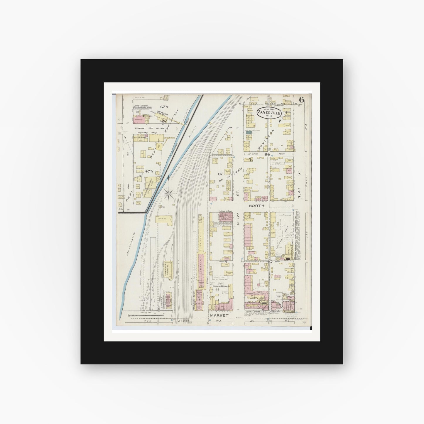 Old map wall art mockup — black gallery frame with white mat — Sanborn Fire Insurance Map from Zanesville, Muskingum County, Ohio (1886), Sheet #0006