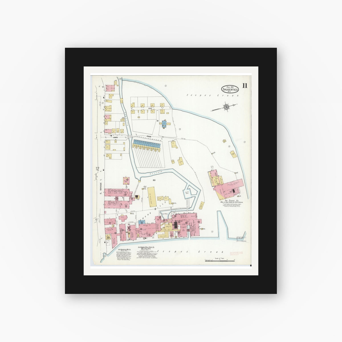 Old map wall art mockup — black gallery frame with white mat — Sanborn Fire Insurance Map from Saugerties, Ulster County, New York (1912), Sheet #0011