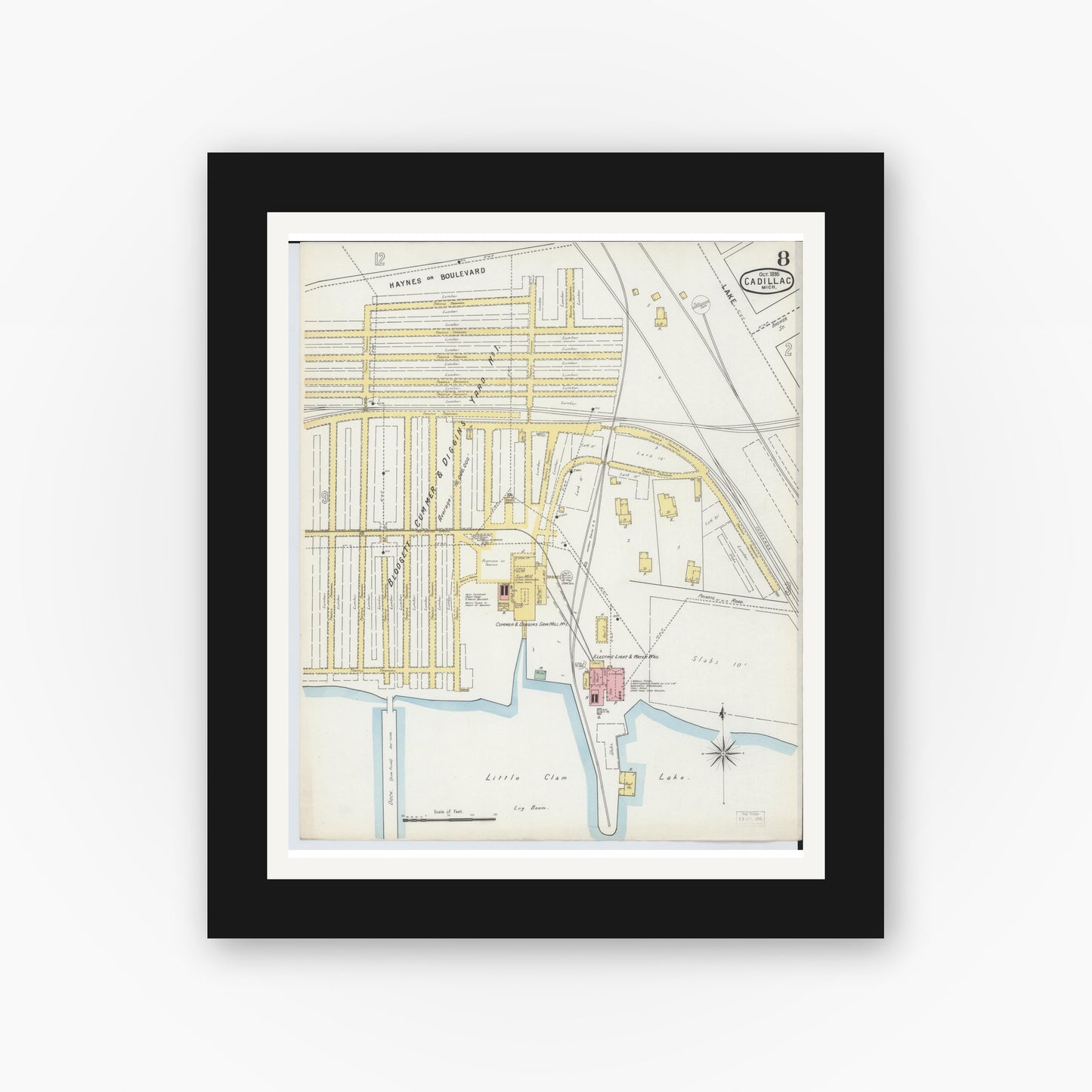 Old map wall art mockup — black gallery frame with white mat — Sanborn Fire Insurance Map from Cadillac, Wexford County, Michigan (1895), Sheet #0008