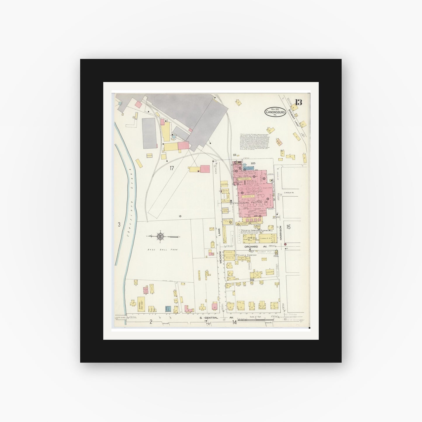 Old map wall art mockup — black gallery frame with white mat — Sanborn Fire Insurance Map from Canonsburg, Washington County, Pennsylvania (1913), Sheet #0013