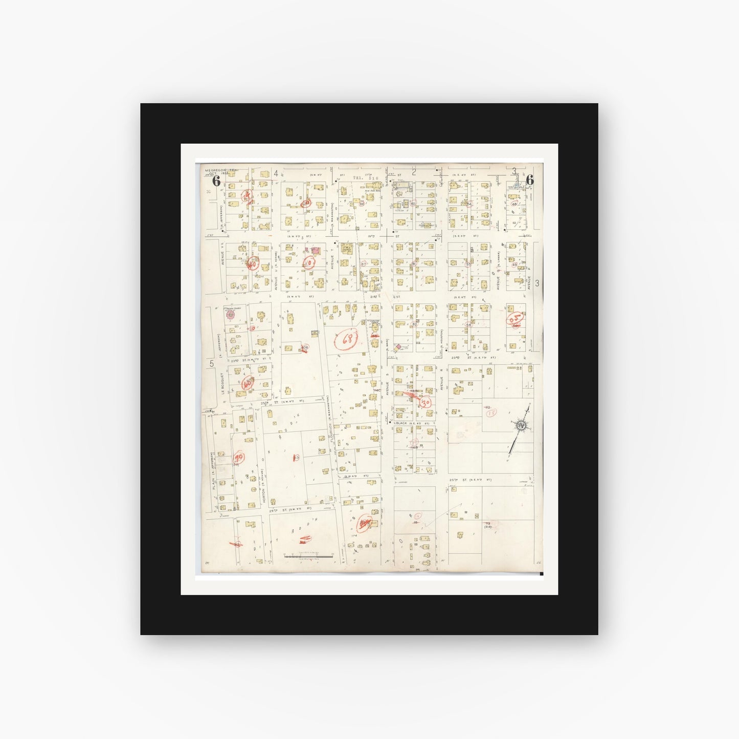 Old map wall art mockup — black gallery frame with white mat — Sanborn Fire Insurance Map from McGregor, McLennan County, Texas (1942), Sheet #0006