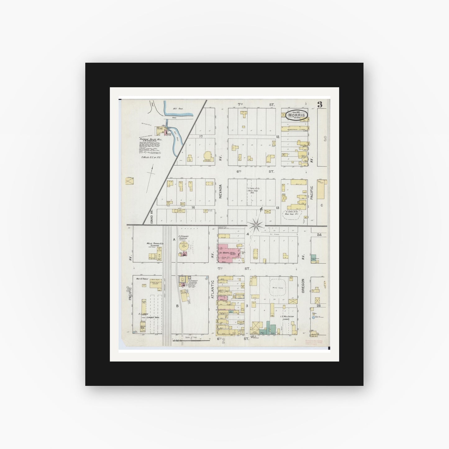 Old map wall art mockup — black gallery frame with white mat — Sanborn Fire Insurance Map from Morris, Stevens County, Minnesota (1892), Sheet #0003