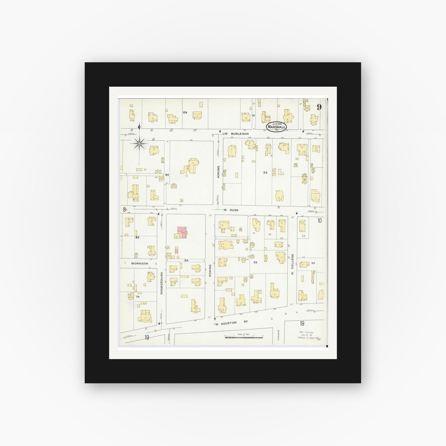 Old map wall art mockup — black gallery frame with white mat — Sanborn Fire Insurance Map from Marshall, Harrison County, Texas (1909), Sheet #0009