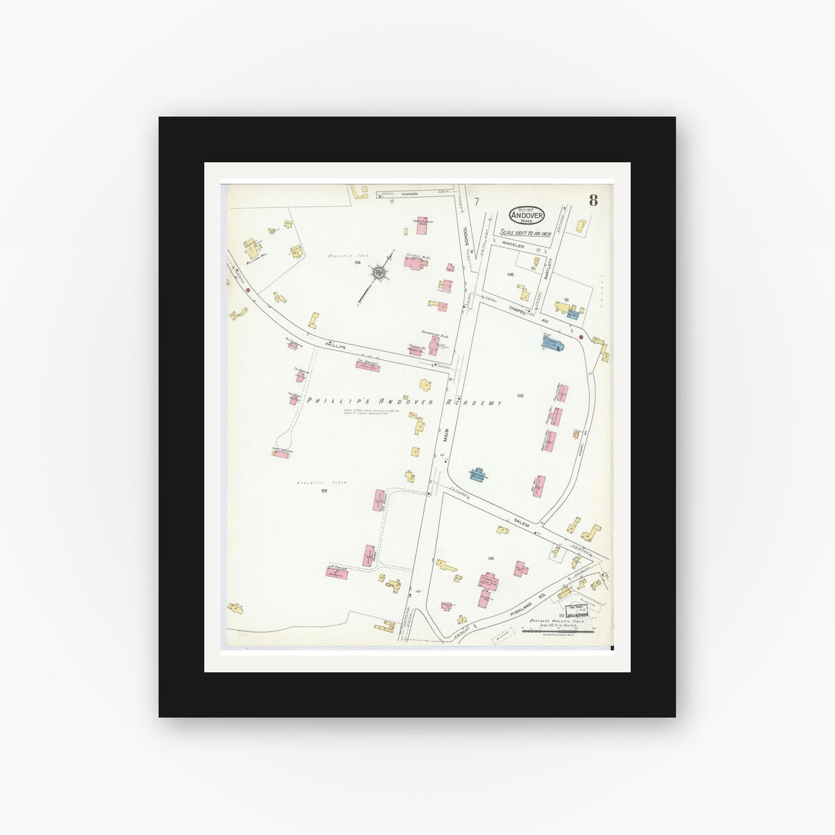 Old map wall art mockup — black gallery frame with white mat — Sanborn Fire Insurance Map from Andover, Essex County, Massachusetts (1917), Sheet #0008