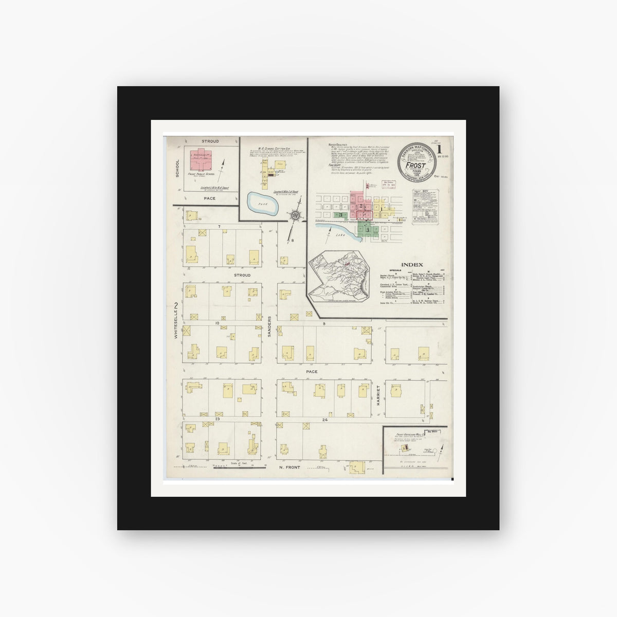 Old map wall art mockup — black gallery frame with white mat — Sanborn Fire Insurance Map from Frost, Navarro County, Texas (1915) - Complete Map Set