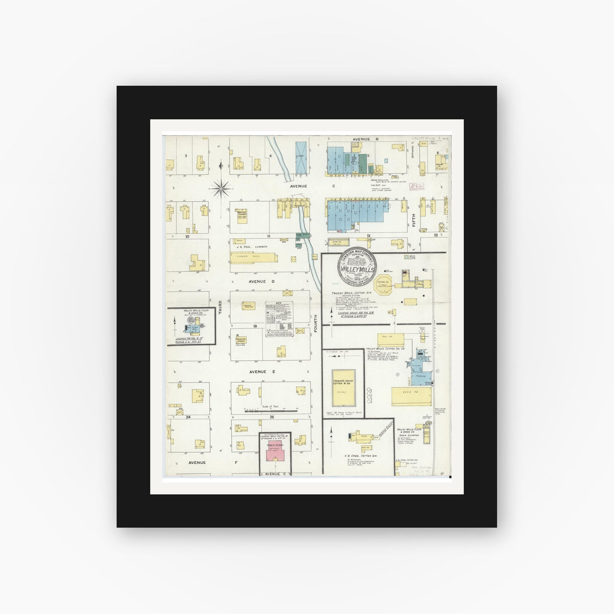 Old map wall art mockup — black gallery frame with white mat — Sanborn Fire Insurance Map from Valley Mills, Bosque County, Texas (1909), Sheet #0001