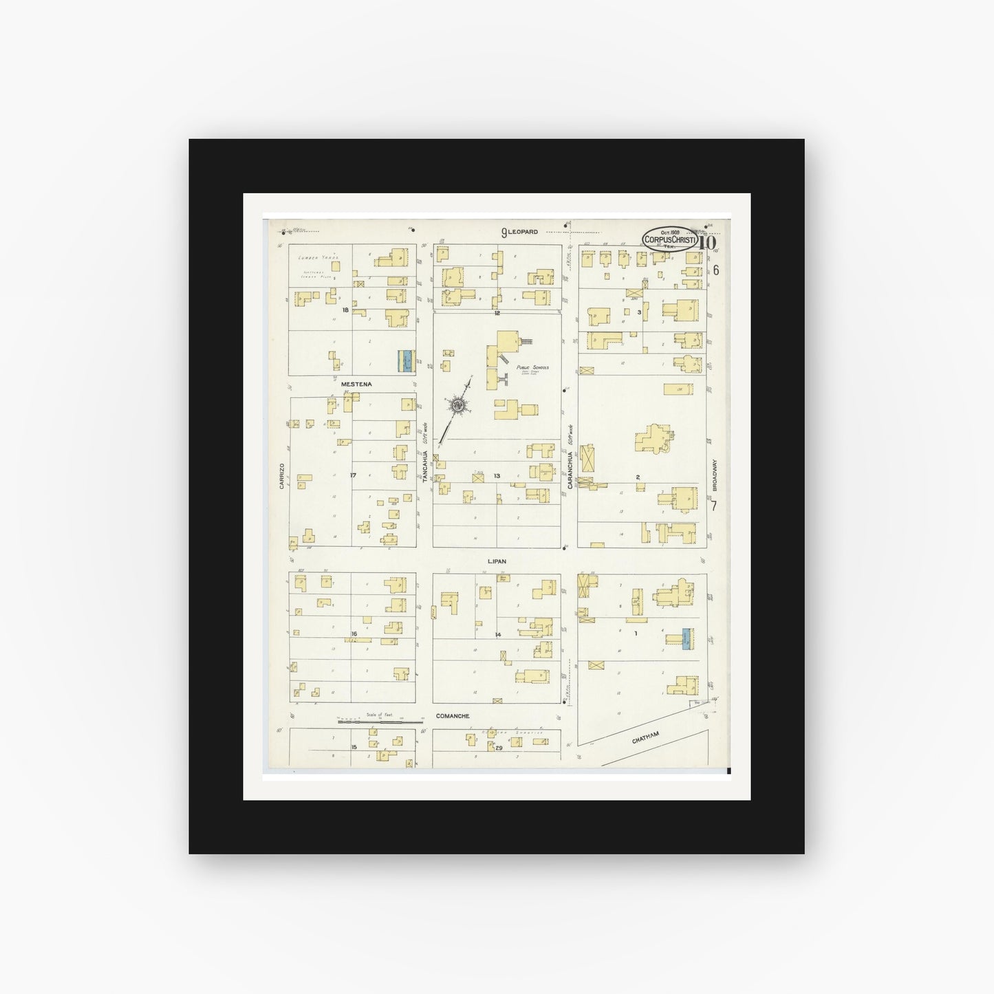 Old map wall art mockup — black gallery frame with white mat — Sanborn Fire Insurance Map from Corpus Christi, Nueces County, Texas (1909), Sheet #0010