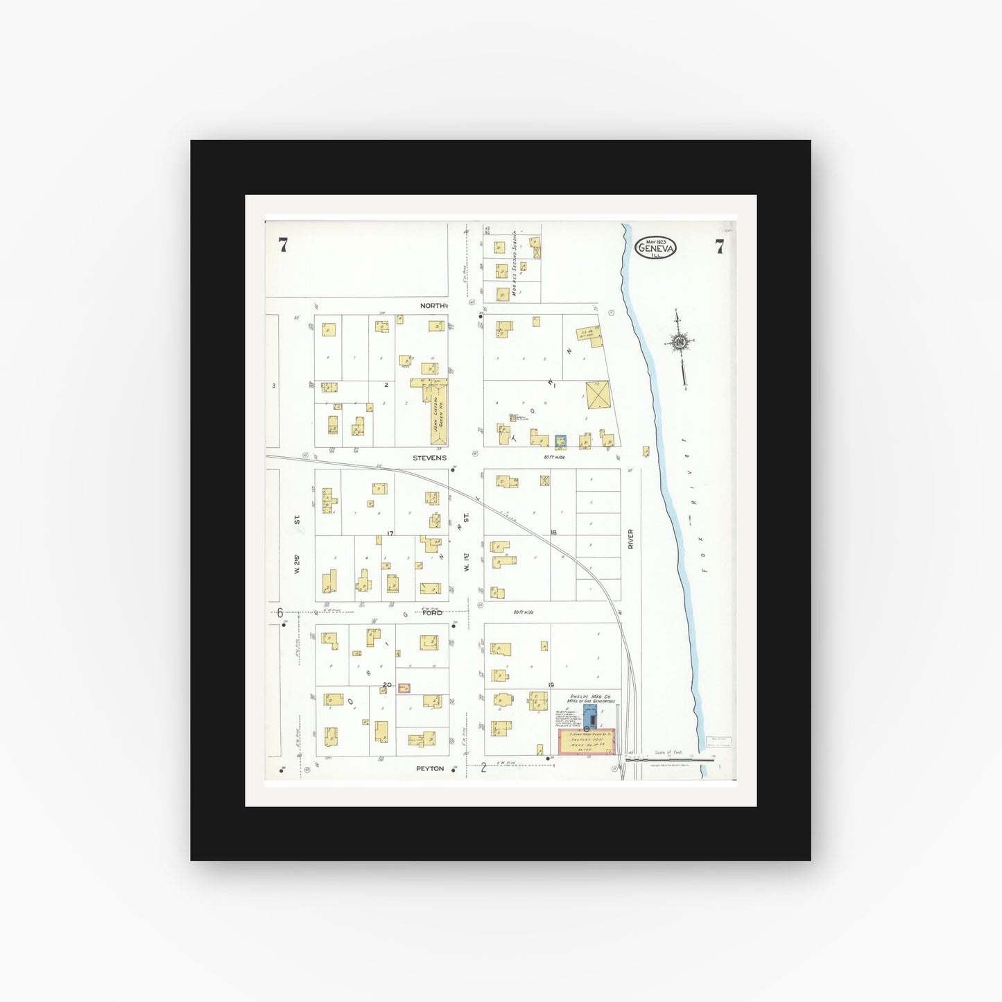 Old map wall art mockup — black gallery frame with white mat — Sanborn Fire Insurance Map from Geneva, Kane County, Illinois (1923), Sheet #0007
