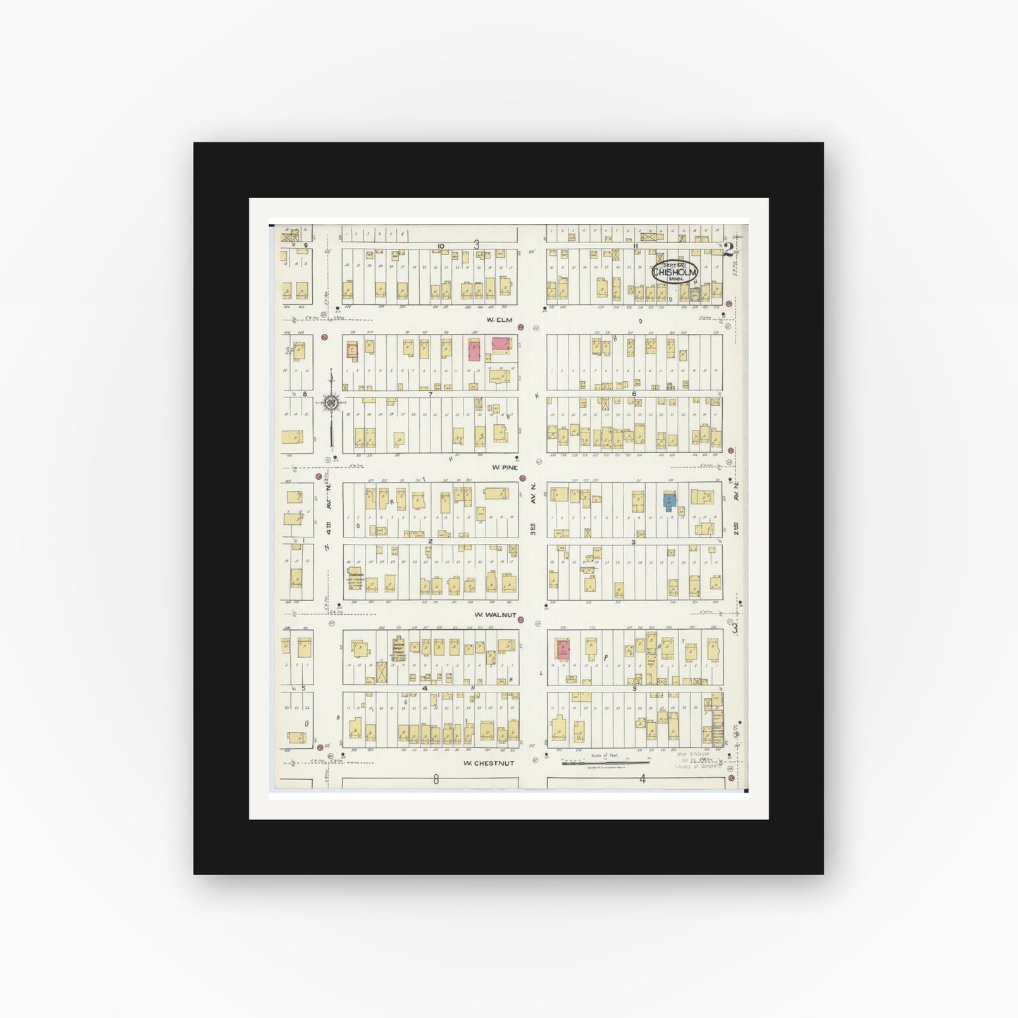 Old map wall art mockup — black gallery frame with white mat — Sanborn Fire Insurance Map from Chisholm, Saint Louis County, Minnesota (1921), Sheet #0002