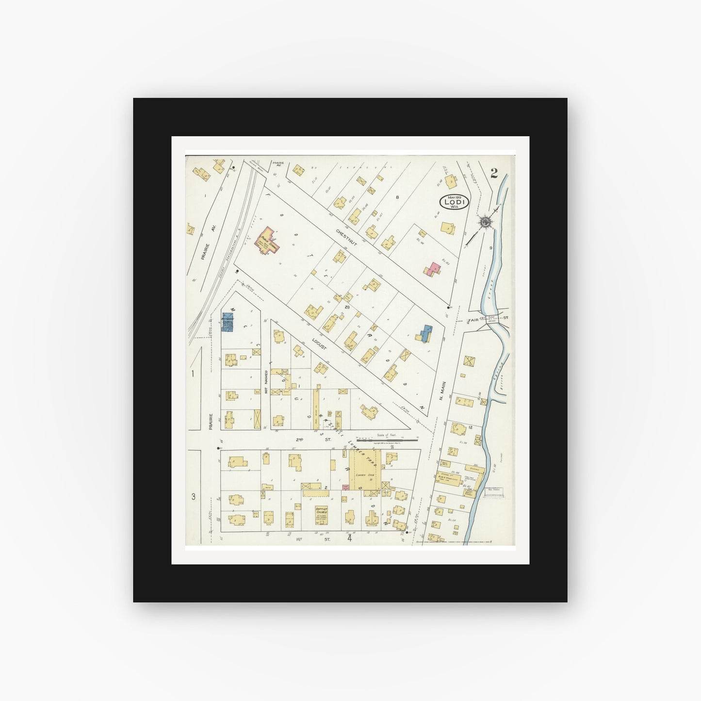 Old map wall art mockup — black gallery frame with white mat — Sanborn Fire Insurance Map from Lodi, Columbia County, Wisconsin (1919), Sheet #0002