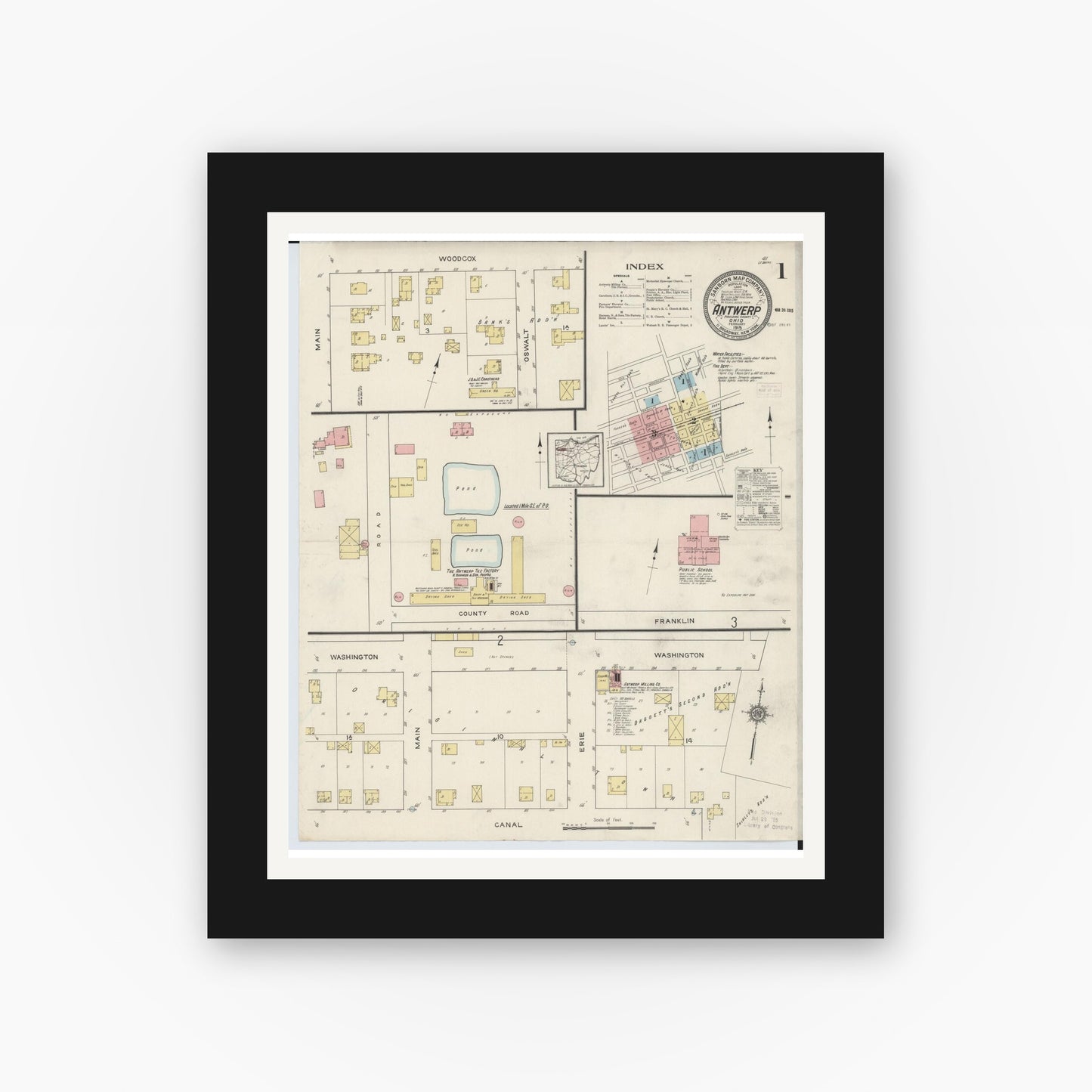 Old map wall art mockup — black gallery frame with white mat — Sanborn Fire Insurance Map from Antwerp, Paulding County, Ohio (1915), Sheet #0001