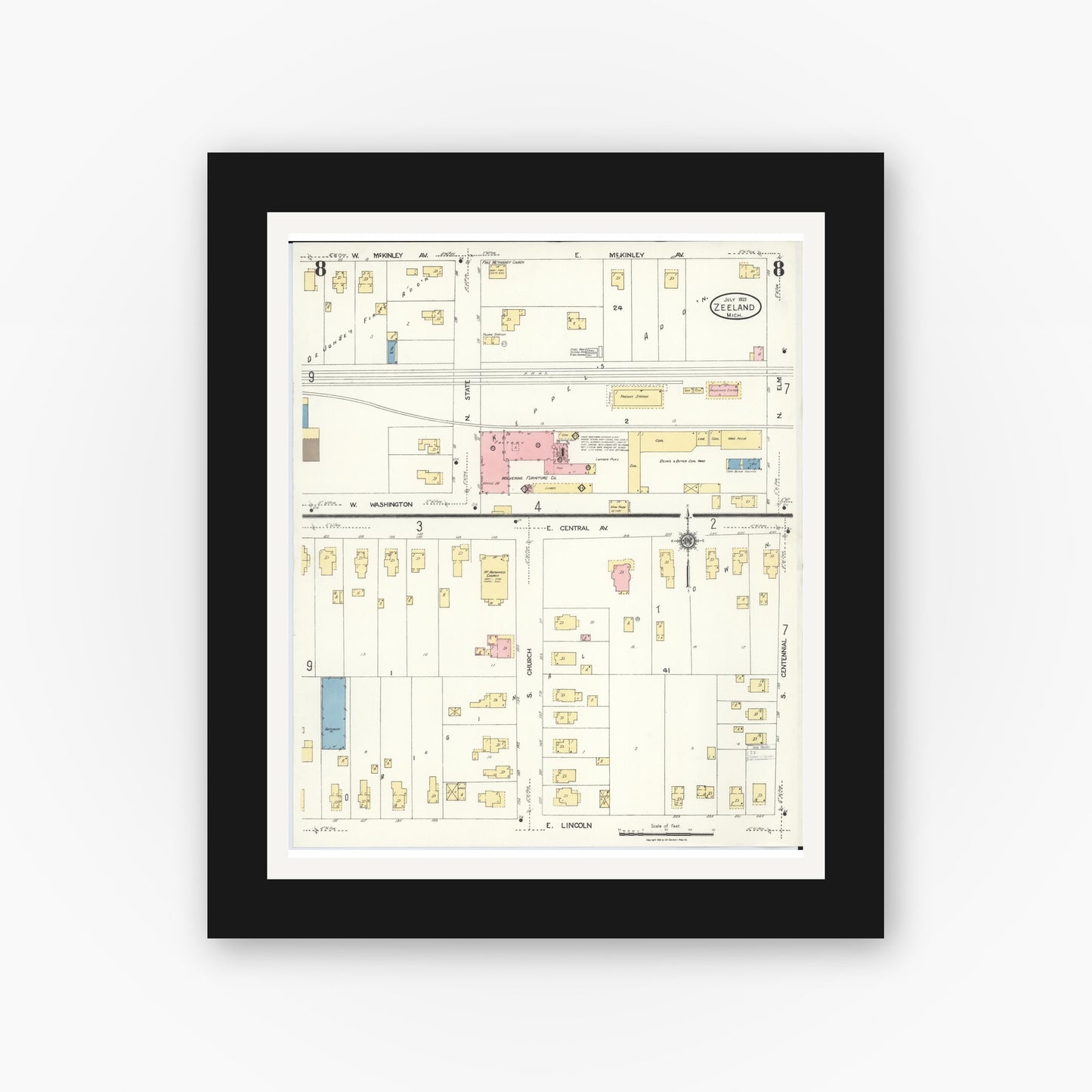 Old map wall art mockup — black gallery frame with white mat — Sanborn Fire Insurance Map from Zeeland, Ottawa County, Michigan (1923), Sheet #0008