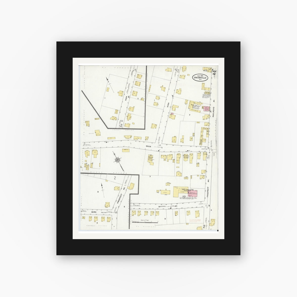 Old map wall art mockup — black gallery frame with white mat — Sanborn Fire Insurance Map from Unionville, Orange County, New York (1910), Sheet #0002
