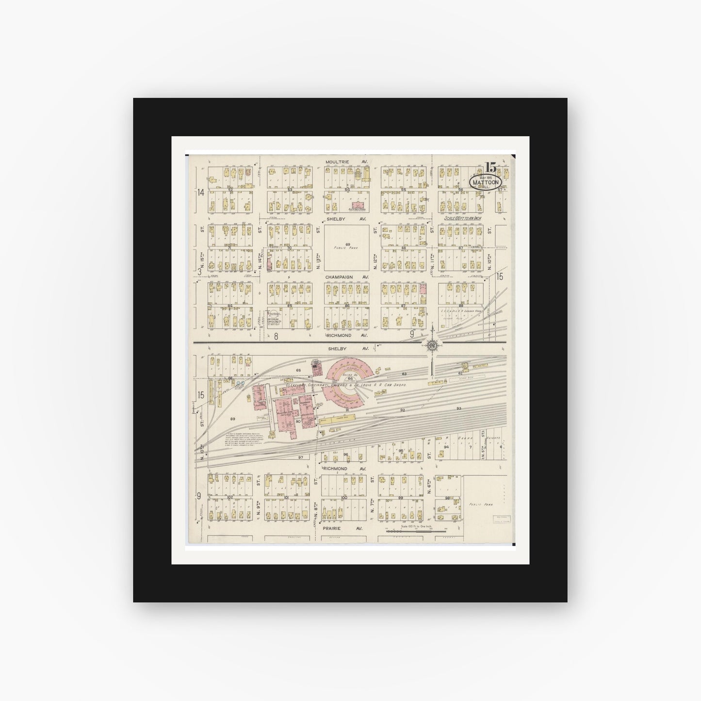 Old map wall art mockup — black gallery frame with white mat — Sanborn Fire Insurance Map from Mattoon, Coles County, Illinois (1915), Sheet #0015