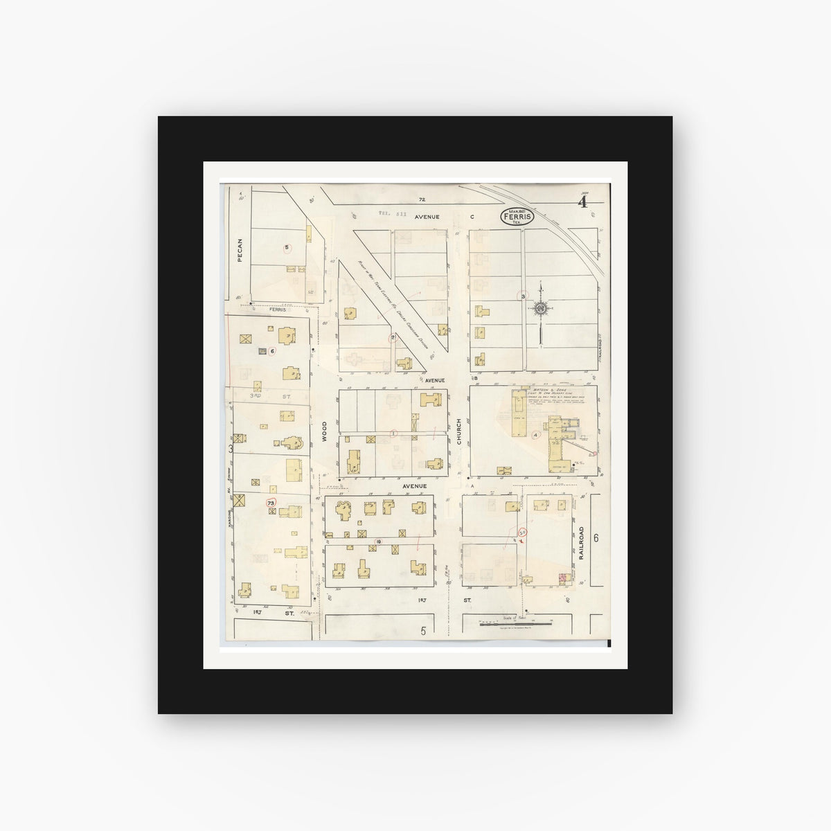 Old map wall art mockup — black gallery frame with white mat — Sanborn Fire Insurance Map from Ferris, Ellis County, Texas (1941), Sheet #0004