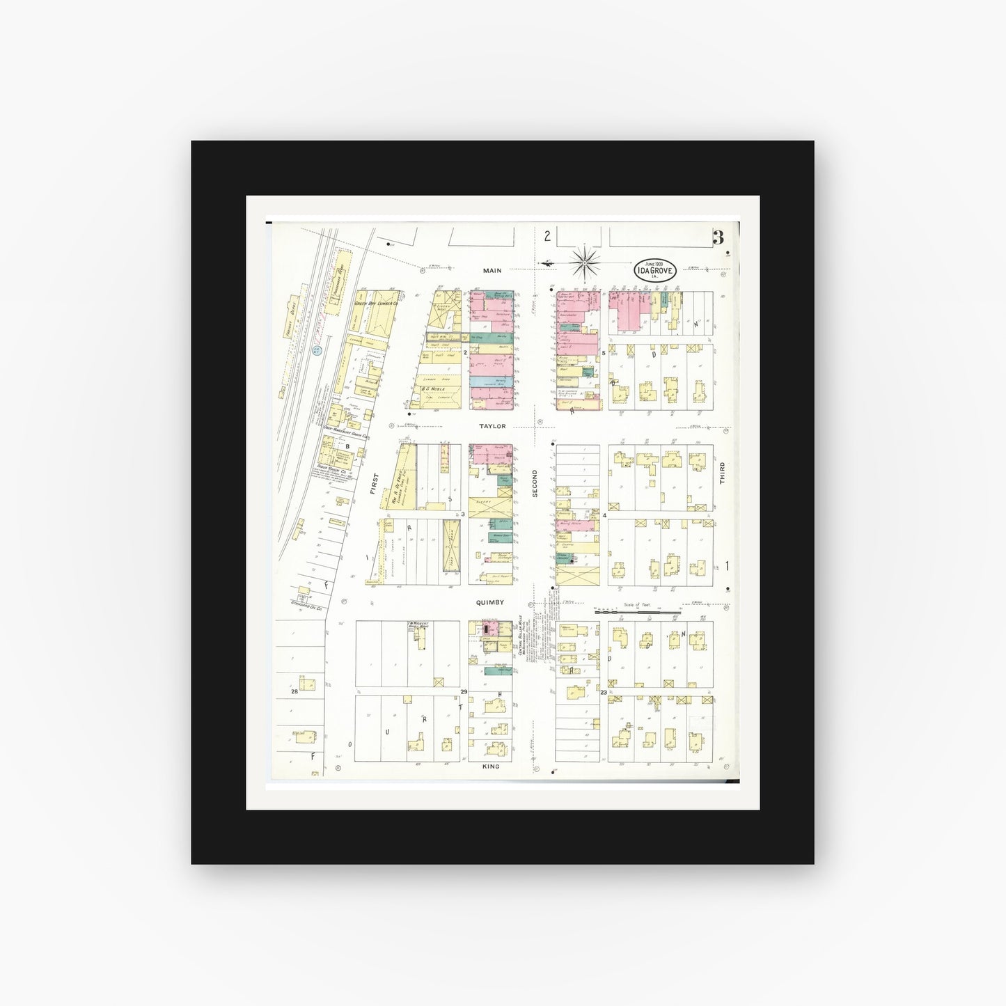Old map wall art mockup — black gallery frame with white mat — Sanborn Fire Insurance Map from Ida Grove, Ida County, Iowa (1909), Sheet #0003