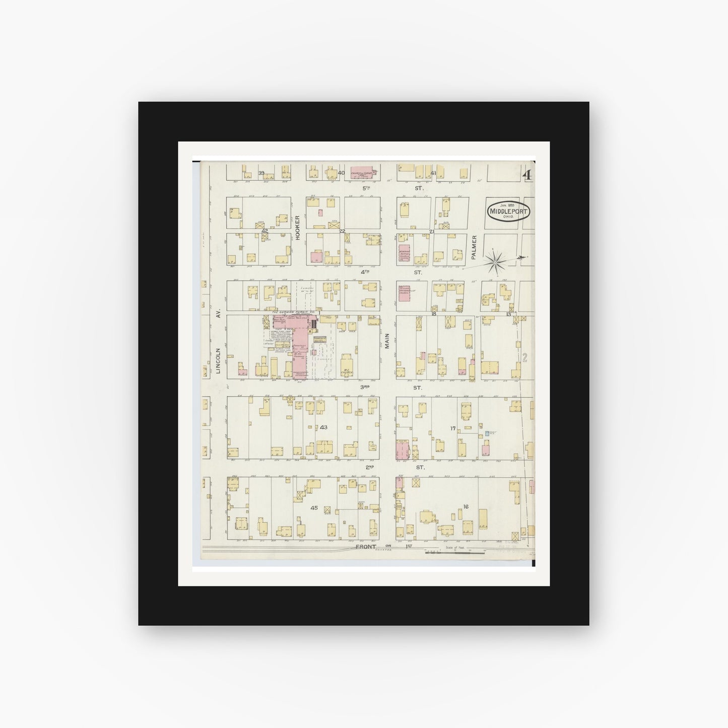 Old map wall art mockup — black gallery frame with white mat — Sanborn Fire Insurance Map from Middleport, Meigs County, Ohio (1893), Sheet #0004