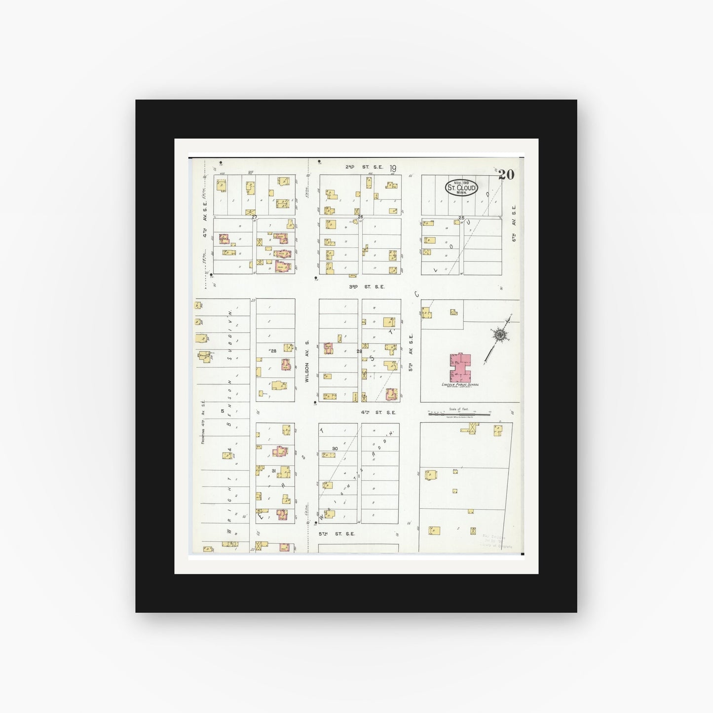 Old map wall art mockup — black gallery frame with white mat — Sanborn Fire Insurance Map from Saint Cloud, Stearns, Benton, and Sherburne Counties, Minnesota (1919), Sheet #0020
