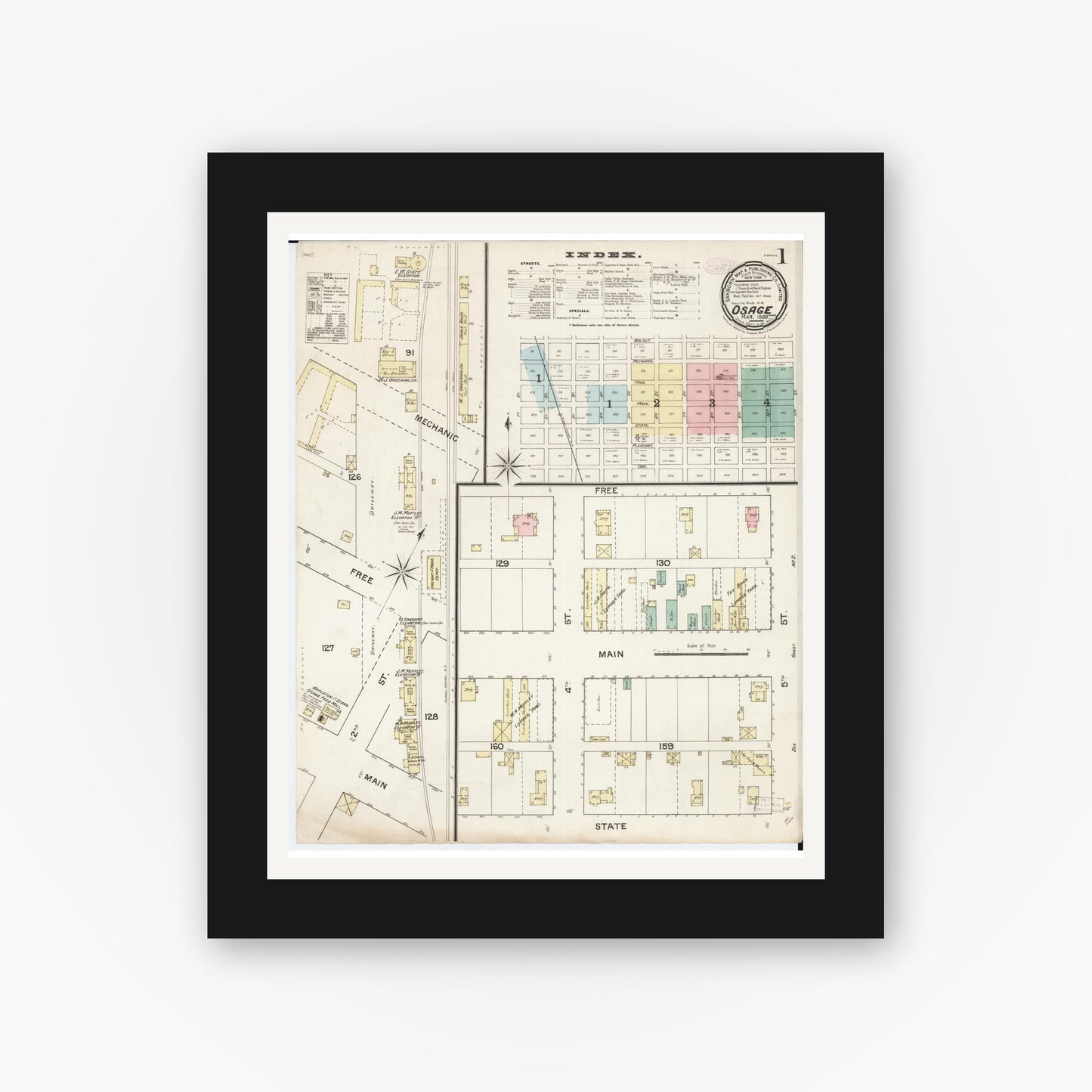 Old map wall art mockup — black gallery frame with white mat — Sanborn Fire Insurance Map from Osage, Mitchell County, Iowa (1888) — Complete Set