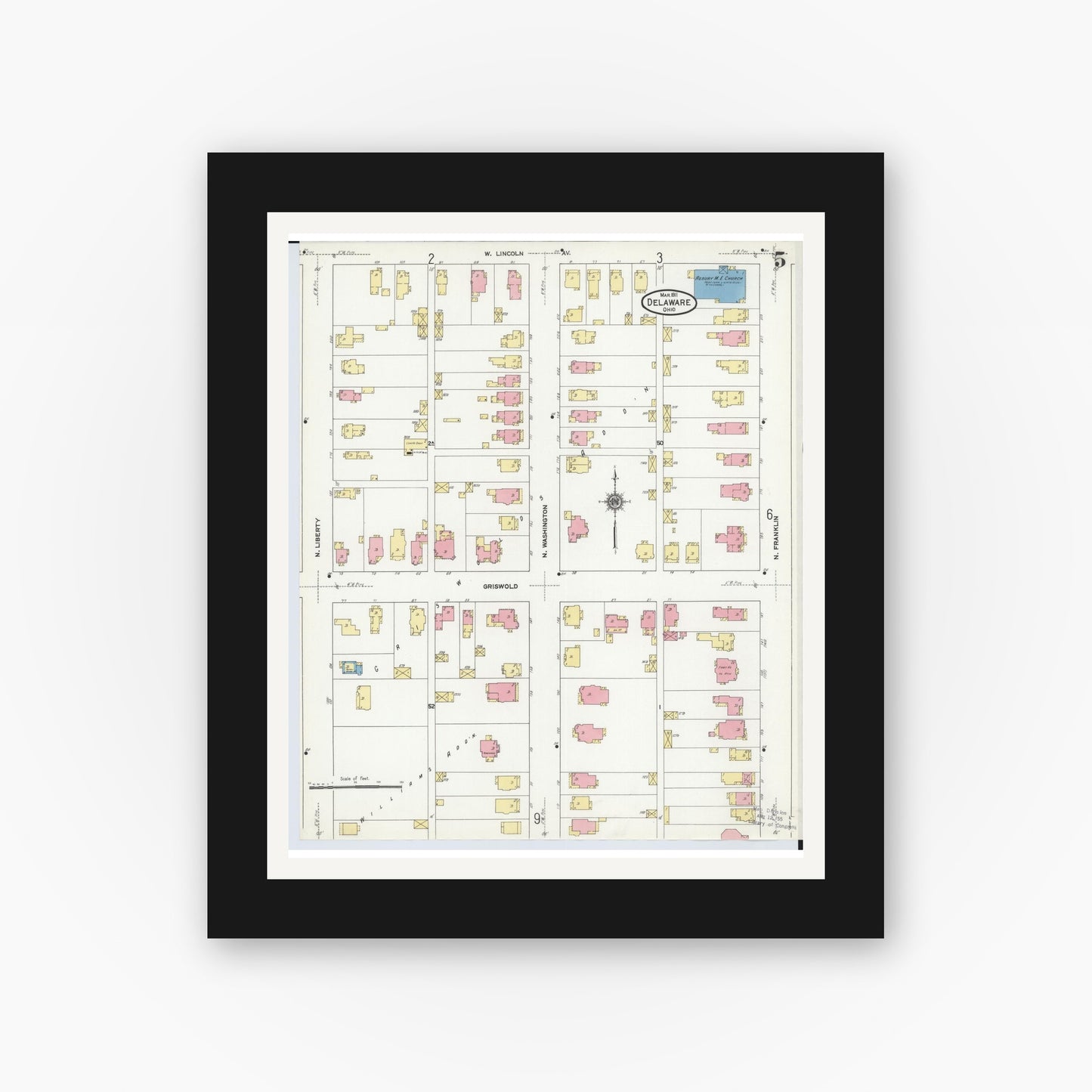 Old map wall art mockup — black gallery frame with white mat — Sanborn Fire Insurance Map from Delaware, Delaware County, Ohio (1911), Sheet #0005