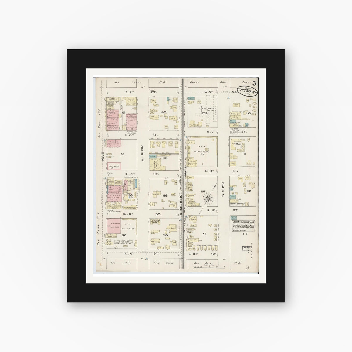 Old map wall art mockup — black gallery frame with white mat — Sanborn Fire Insurance Map from Fort Worth, Tarrant County, Texas (1885), Sheet #0005