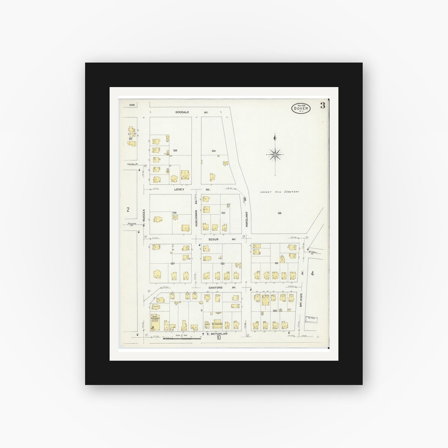 Old map wall art mockup — black gallery frame with white mat — Sanborn Fire Insurance Map from Dover, Morris County, New Jersey (1909), Sheet #0003