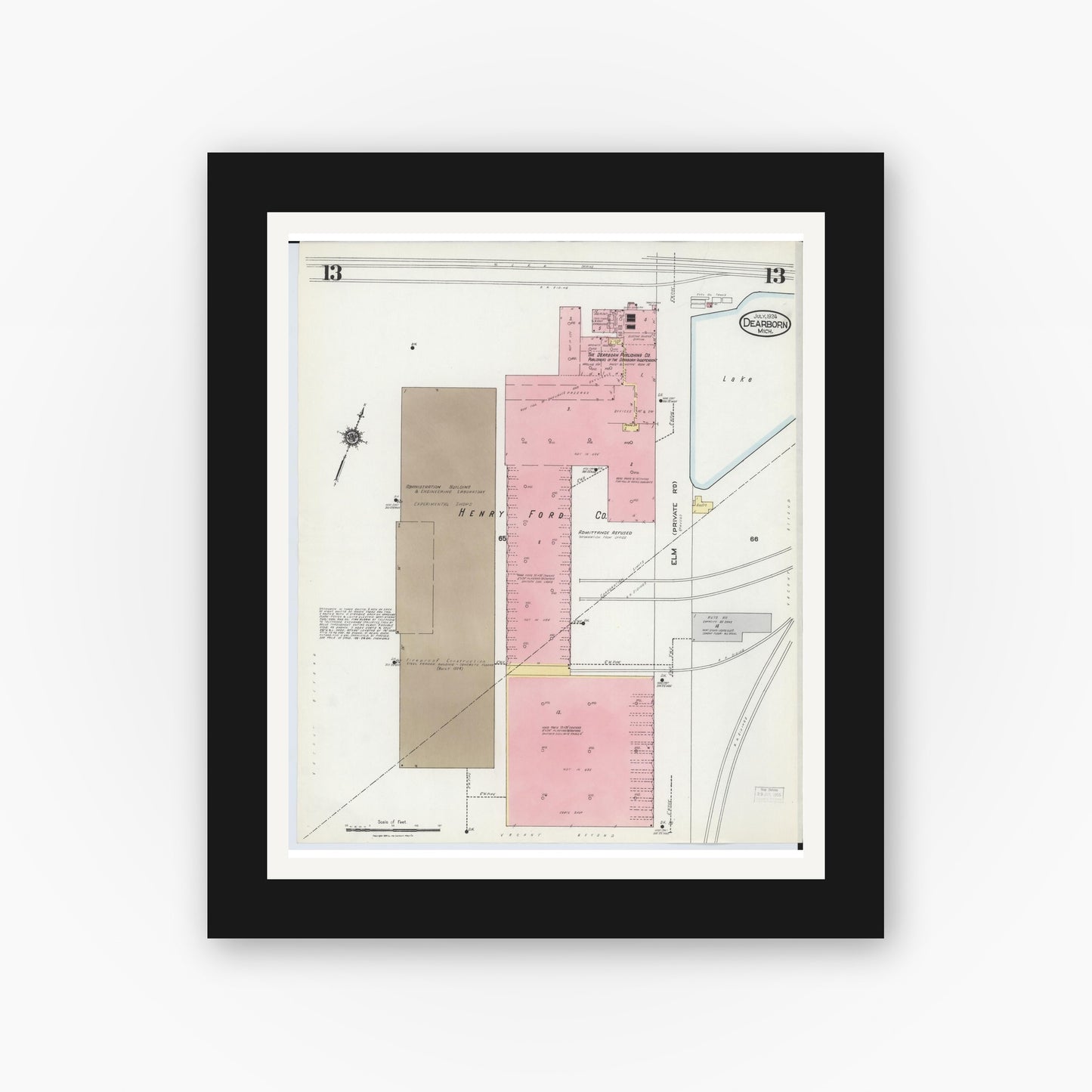 Old map wall art mockup — black gallery frame with white mat — Sanborn Fire Insurance Map from Dearborn, Wayne County, Michigan (1924), Sheet #0013