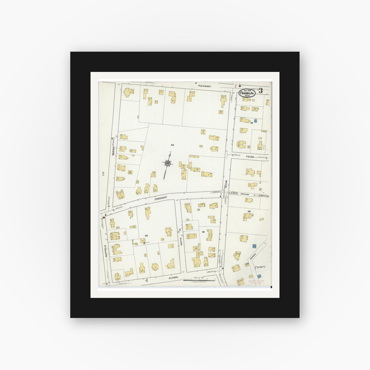 Old map wall art mockup — black gallery frame with white mat — Sanborn Fire Insurance Map from Franklin, Norfolk County, Massachusetts (1919), Sheet #0003