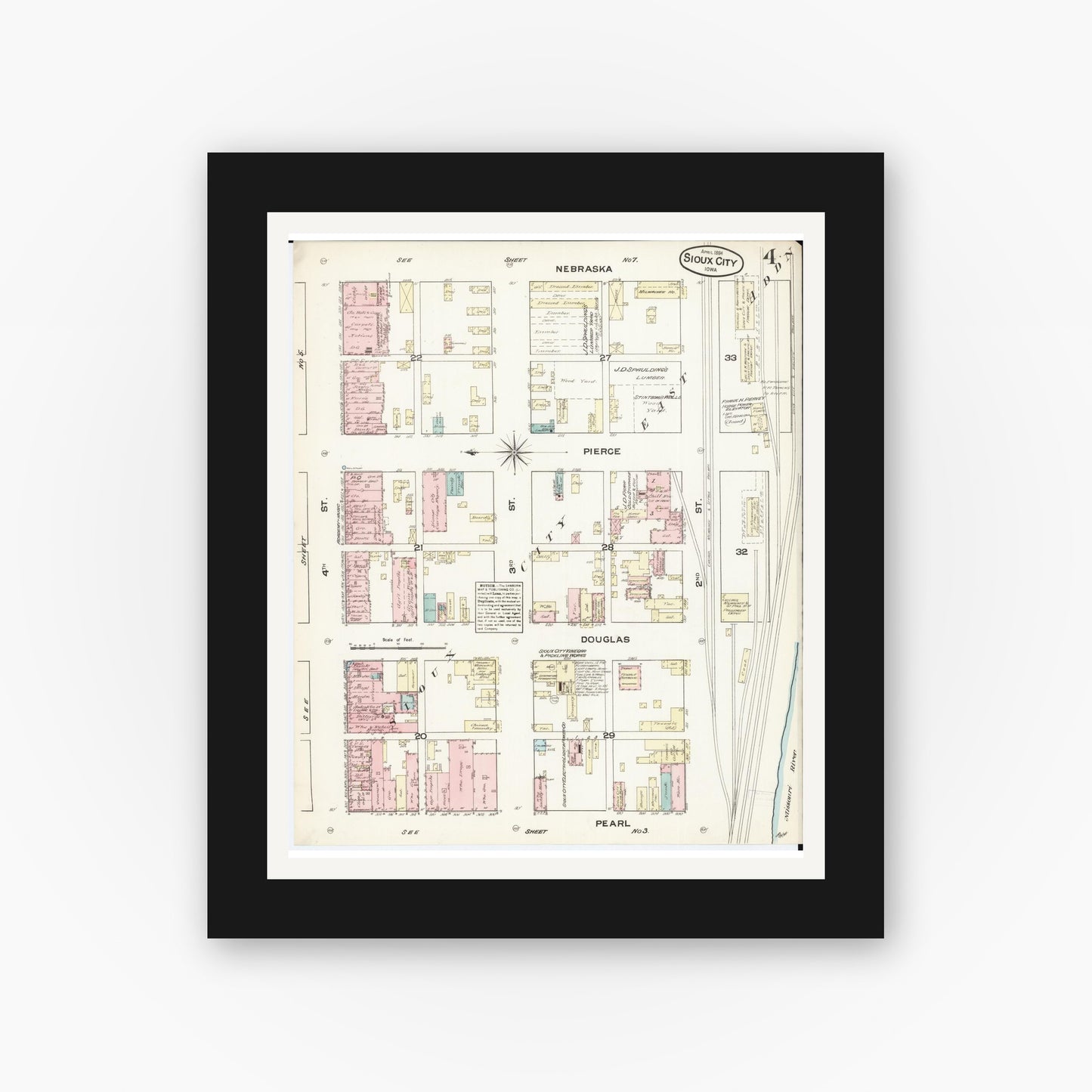 Old map wall art mockup β black gallery frame with white mat β Sanborn Fire Insurance Map from Sioux City, Woodbury County, Iowa (1884), Sheet #0004