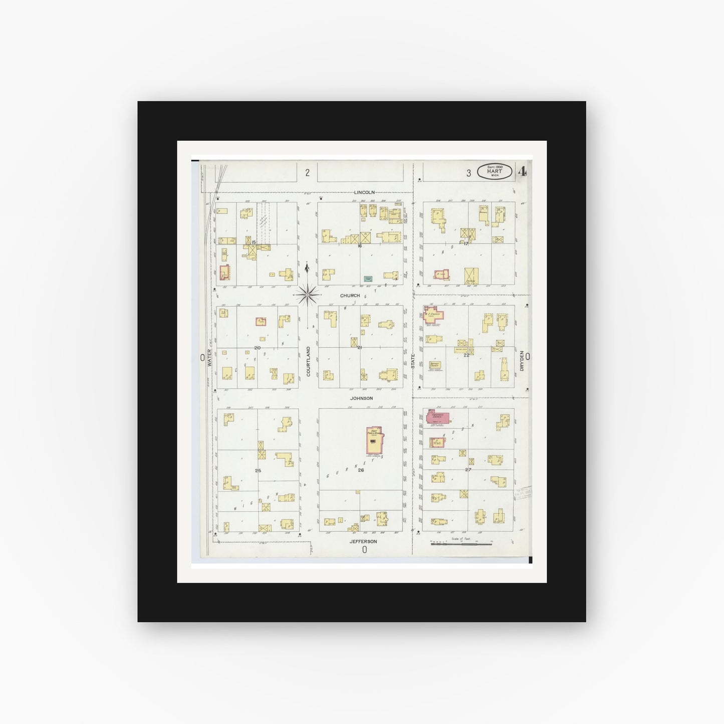 Old map wall art mockup — black gallery frame with white mat — Sanborn Fire Insurance Map from Hart, Oceana County, Michigan (1900), Sheet #0004
