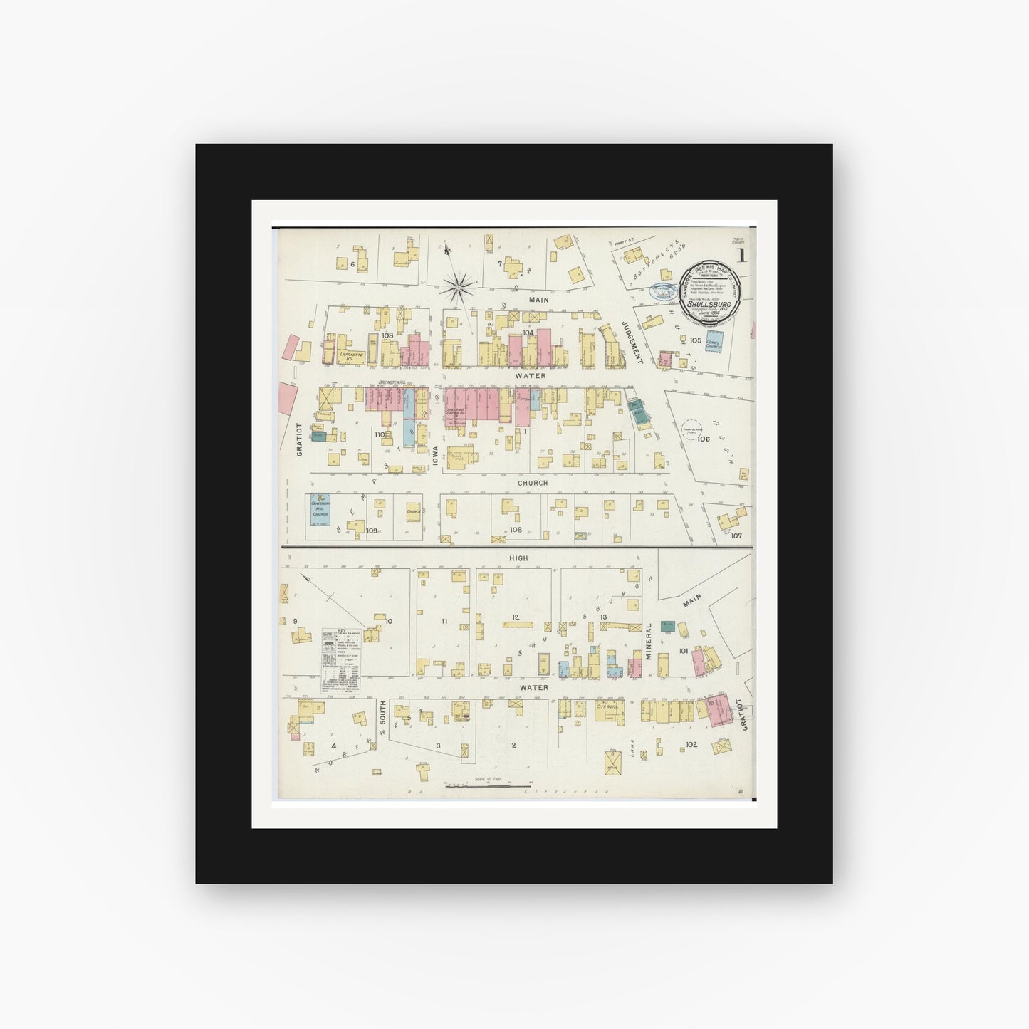 Old map wall art mockup — black gallery frame with white mat — Sanborn Fire Insurance Map from Shullsburg, Lafayette County, Wisconsin (1894), Sheet #0001