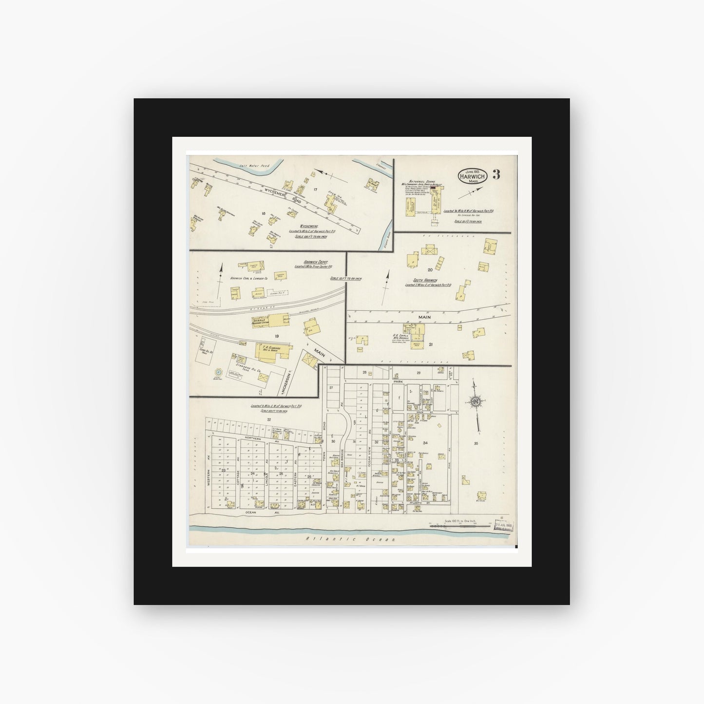 Old map wall art mockup — black gallery frame with white mat — Sanborn Fire Insurance Map from Harwich, Barnstable County, Massachusetts (1915), Sheet #0003
