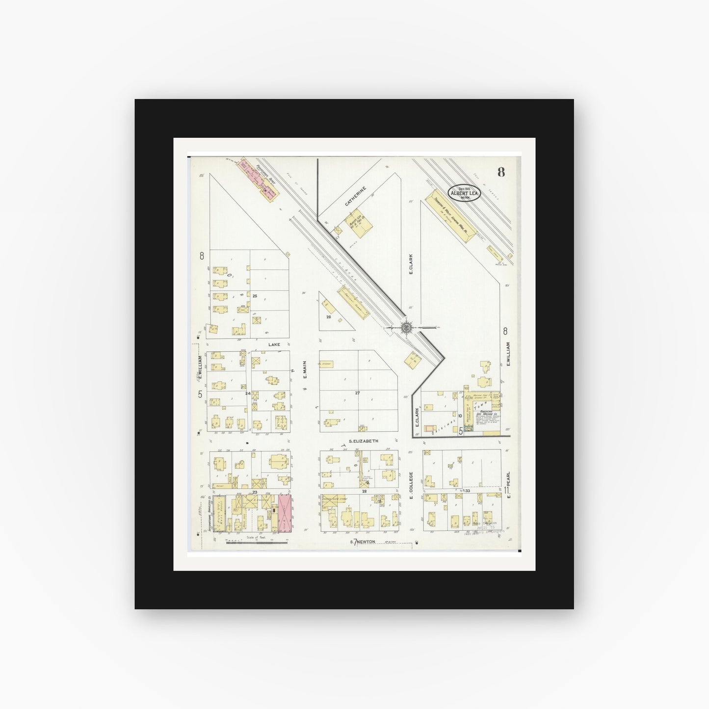 Old map wall art mockup — black gallery frame with white mat — Sanborn Fire Insurance Map from Albert Lea, Freeborn County, Minnesota (1910), Sheet #0008