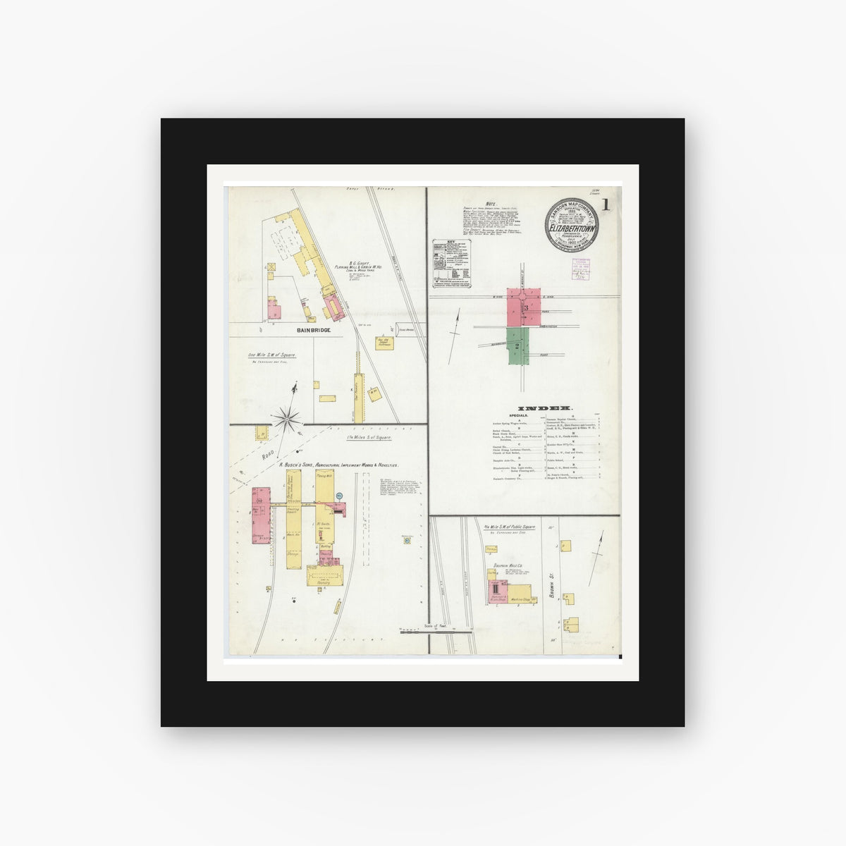 Old map wall art mockup — black gallery frame with white mat — Sanborn Fire Insurance Map from Elizabethtown, Lancaster County, Pennsylvania (1902) - Complete Map Set