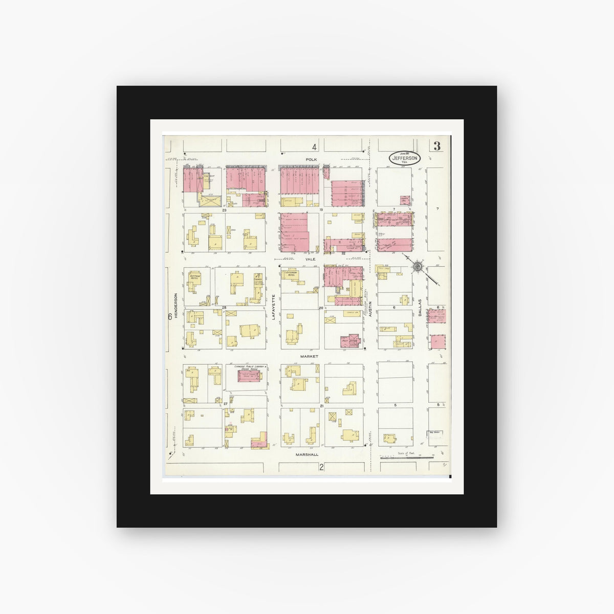 Old map wall art mockup — black gallery frame with white mat — Sanborn Fire Insurance Map from Jefferson, Marion County, Texas (1911), Sheet #0003