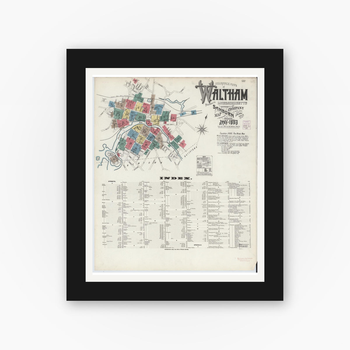 Old map wall art mockup — black gallery frame with white mat — Sanborn Fire Insurance Map from Waltham, Middlesex County, Massachusetts (1903) - Complete Map Set