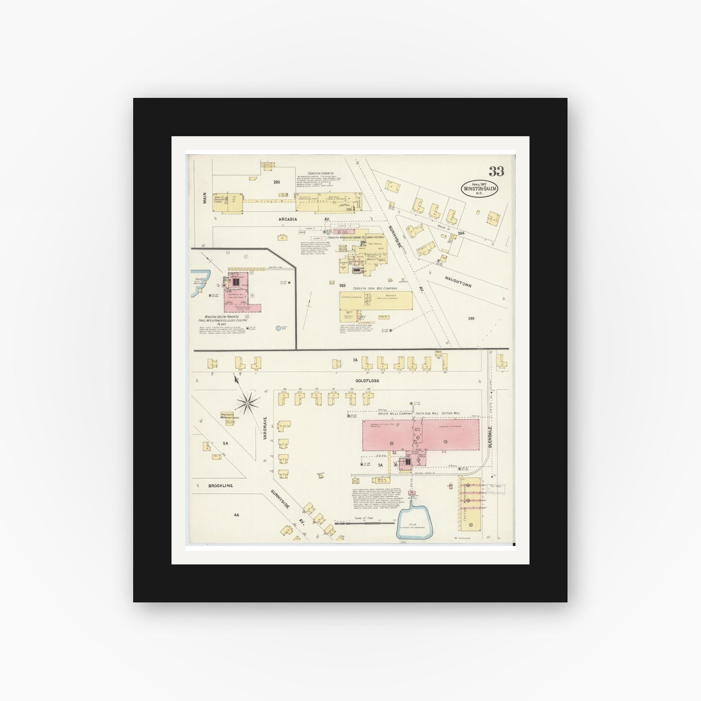 Old map wall art mockup — black gallery frame with white mat — Sanborn Fire Insurance Map from Winston-Salem, Forsyth County, North Carolina (1907), Sheet #0033