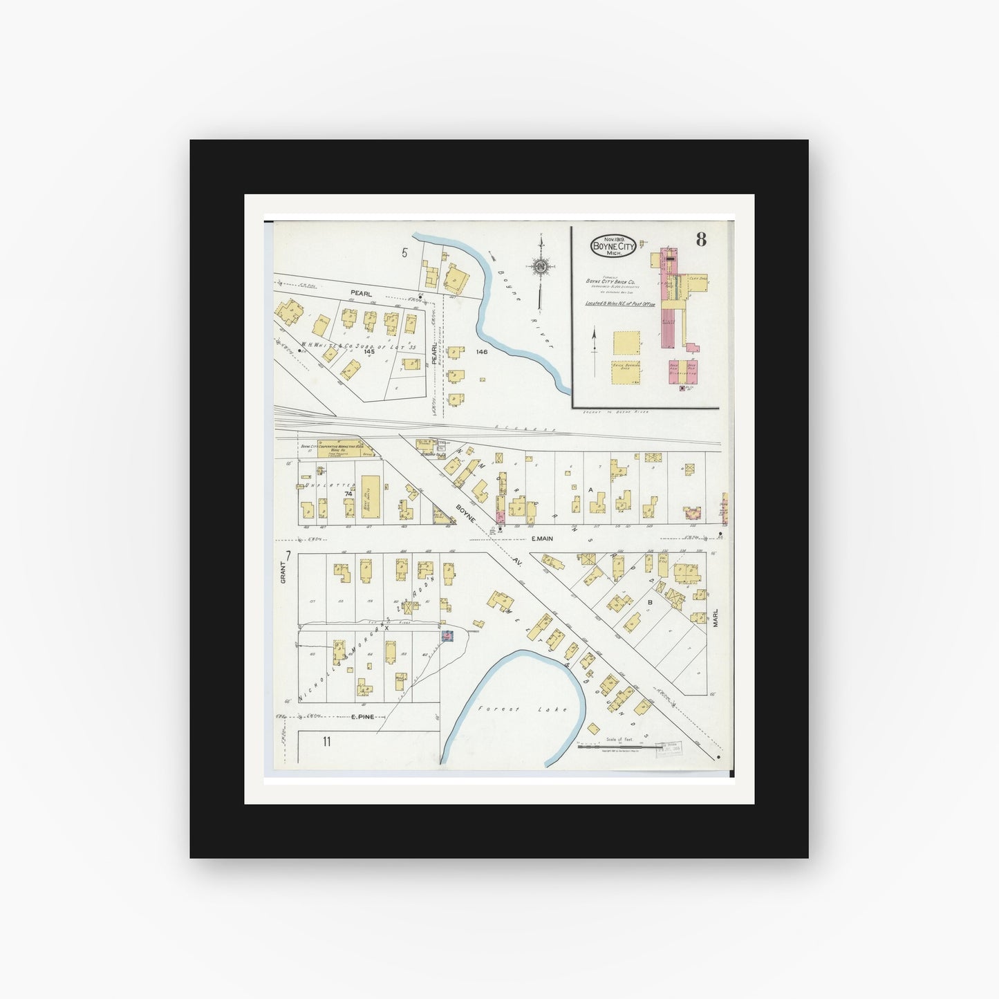 Old map wall art mockup — black gallery frame with white mat — Sanborn Fire Insurance Map from Boyne City, Charlevoix County, Michigan (1919), Sheet #0008