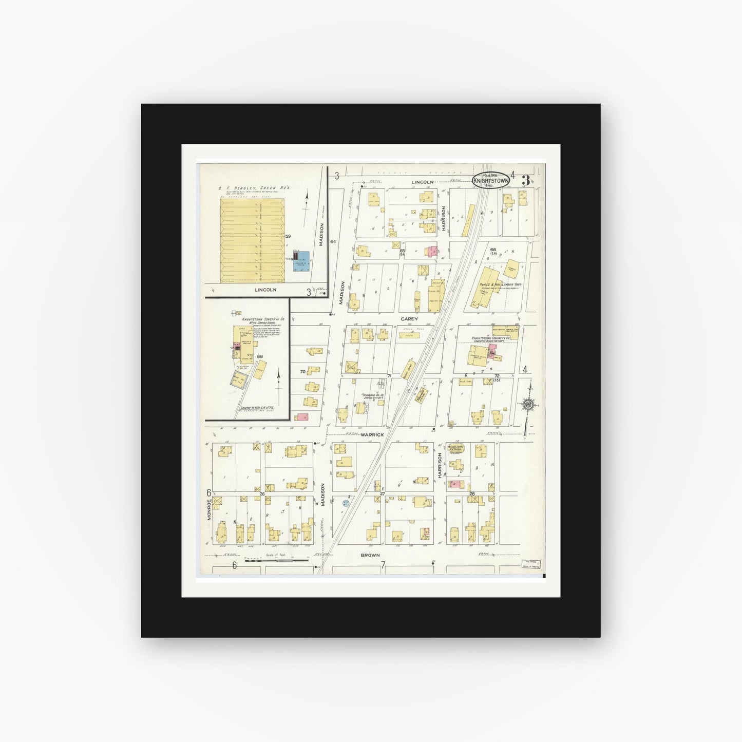 Old map wall art mockup — black gallery frame with white mat — Sanborn Fire Insurance Map from Knightstown, Henry County, Indiana (1916), Sheet #0003